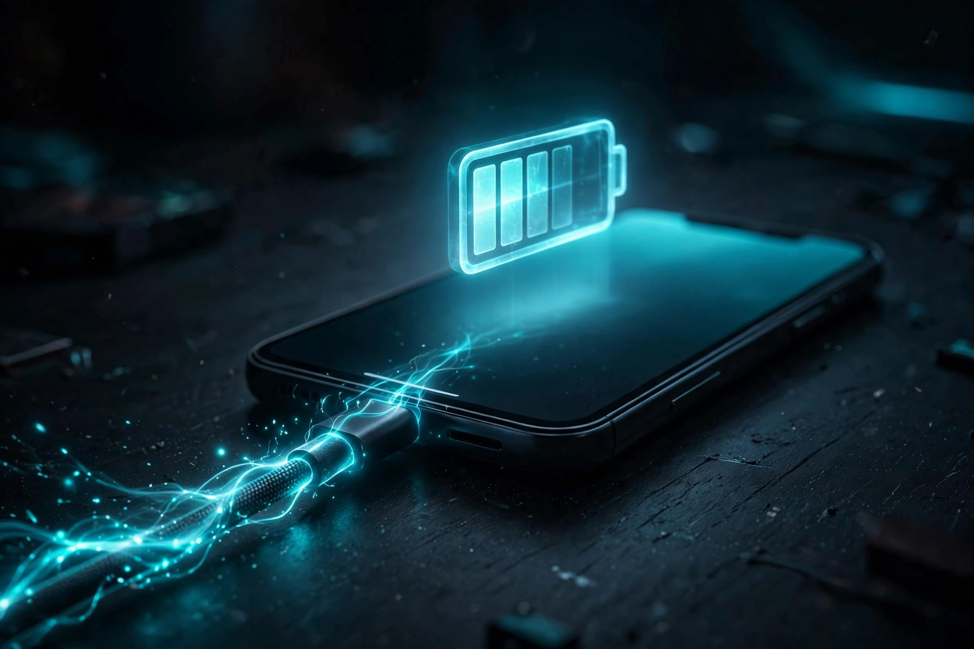 Dark-tech illustration of a phone battery charging with cyan energy glow