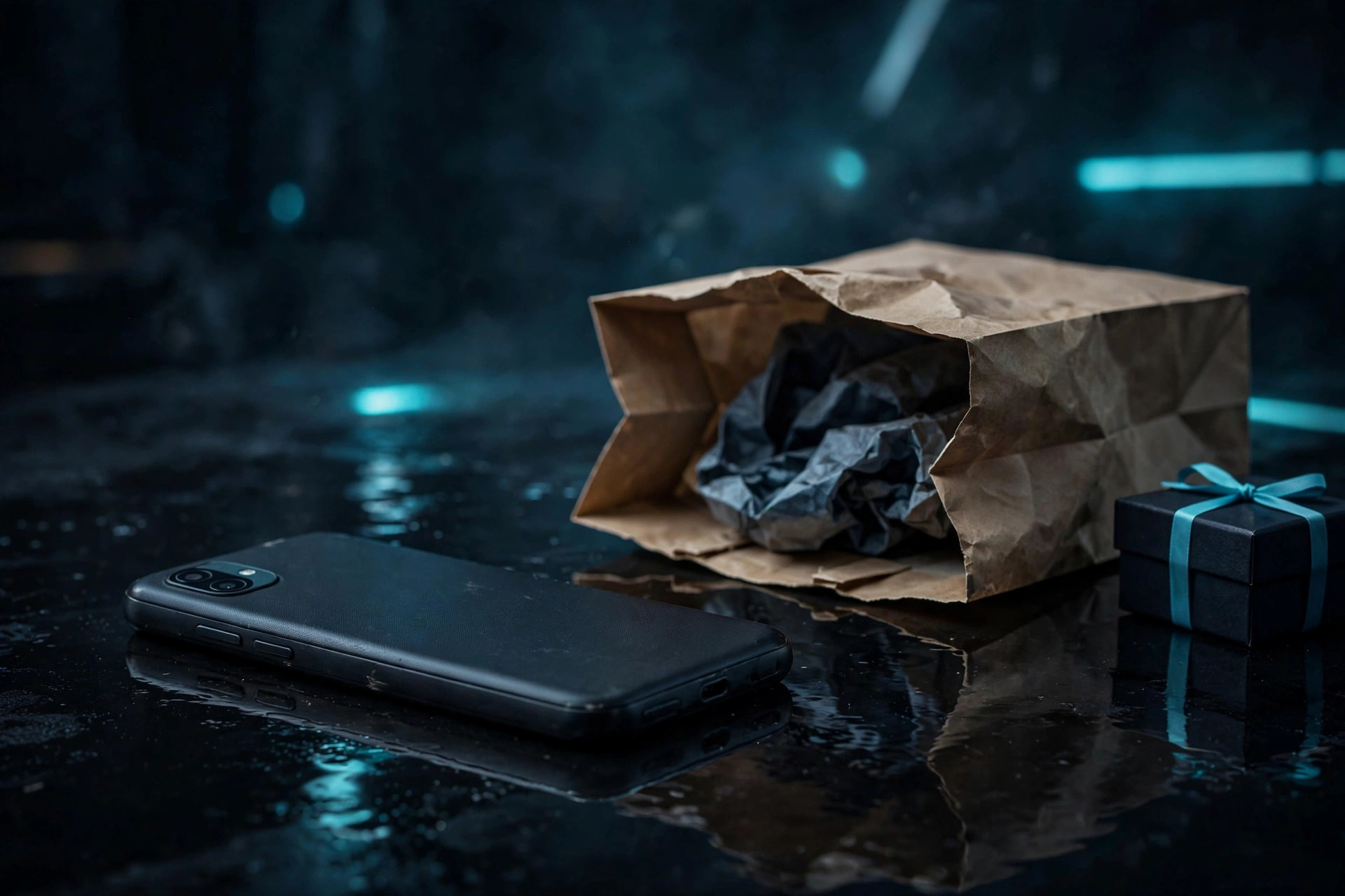 Dark-tech photo of a smartphone beside a paper shopping bag and gift box with cyan neon light