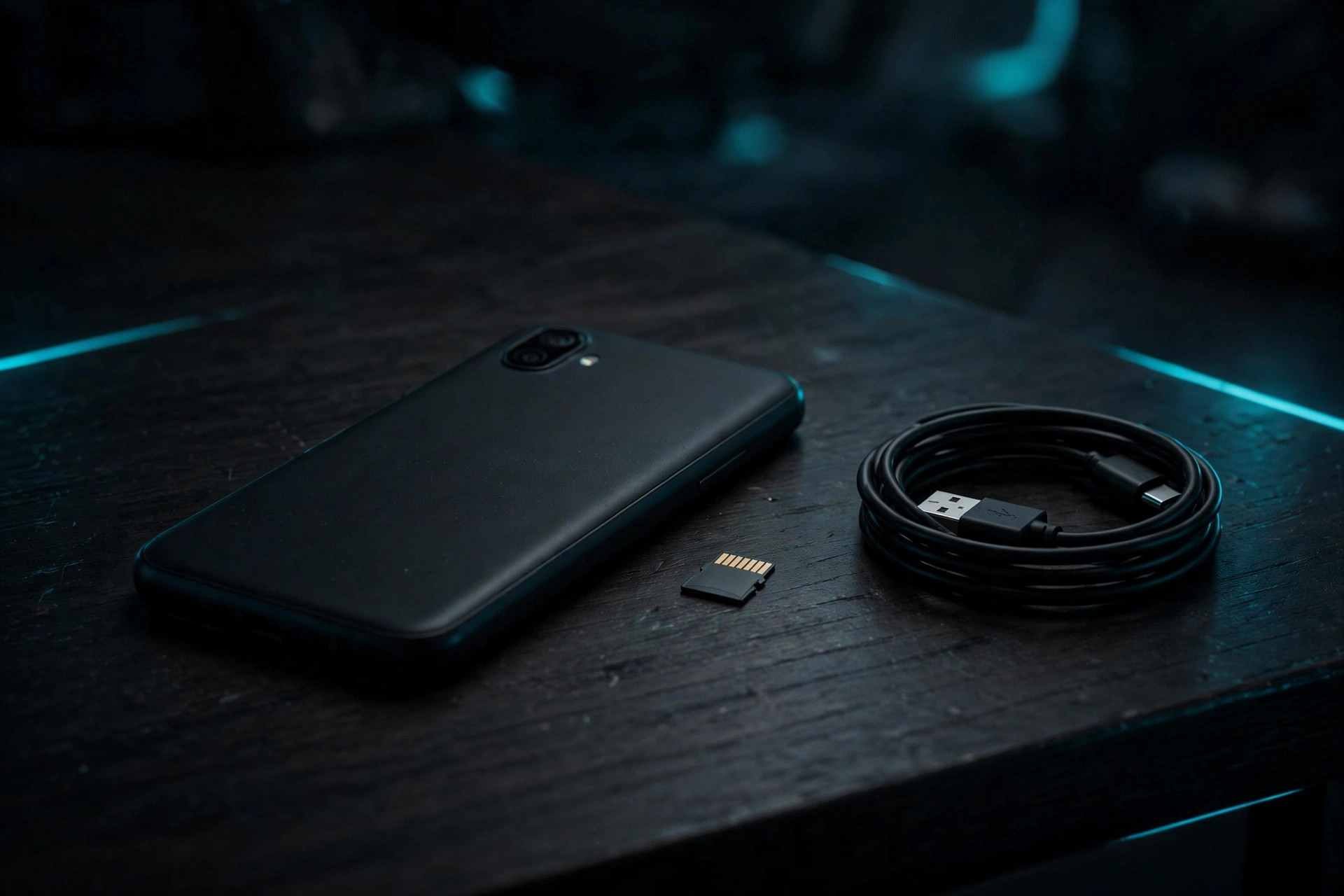 Smartphone on a dark desk beside a microSD card and a coiled USB cable in cyan light