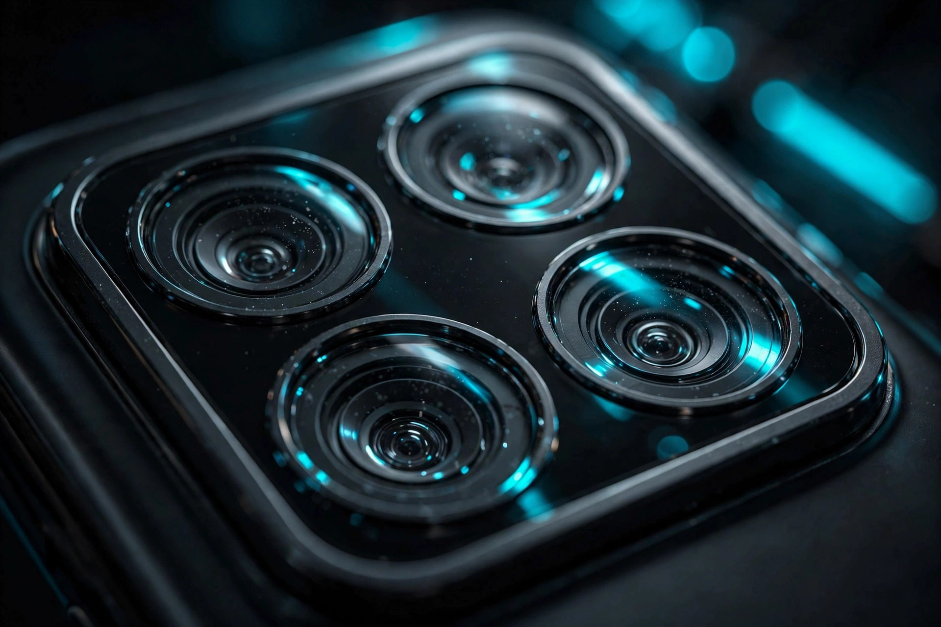 Dark-tech illustration of a smartphone camera lens with neon highlights