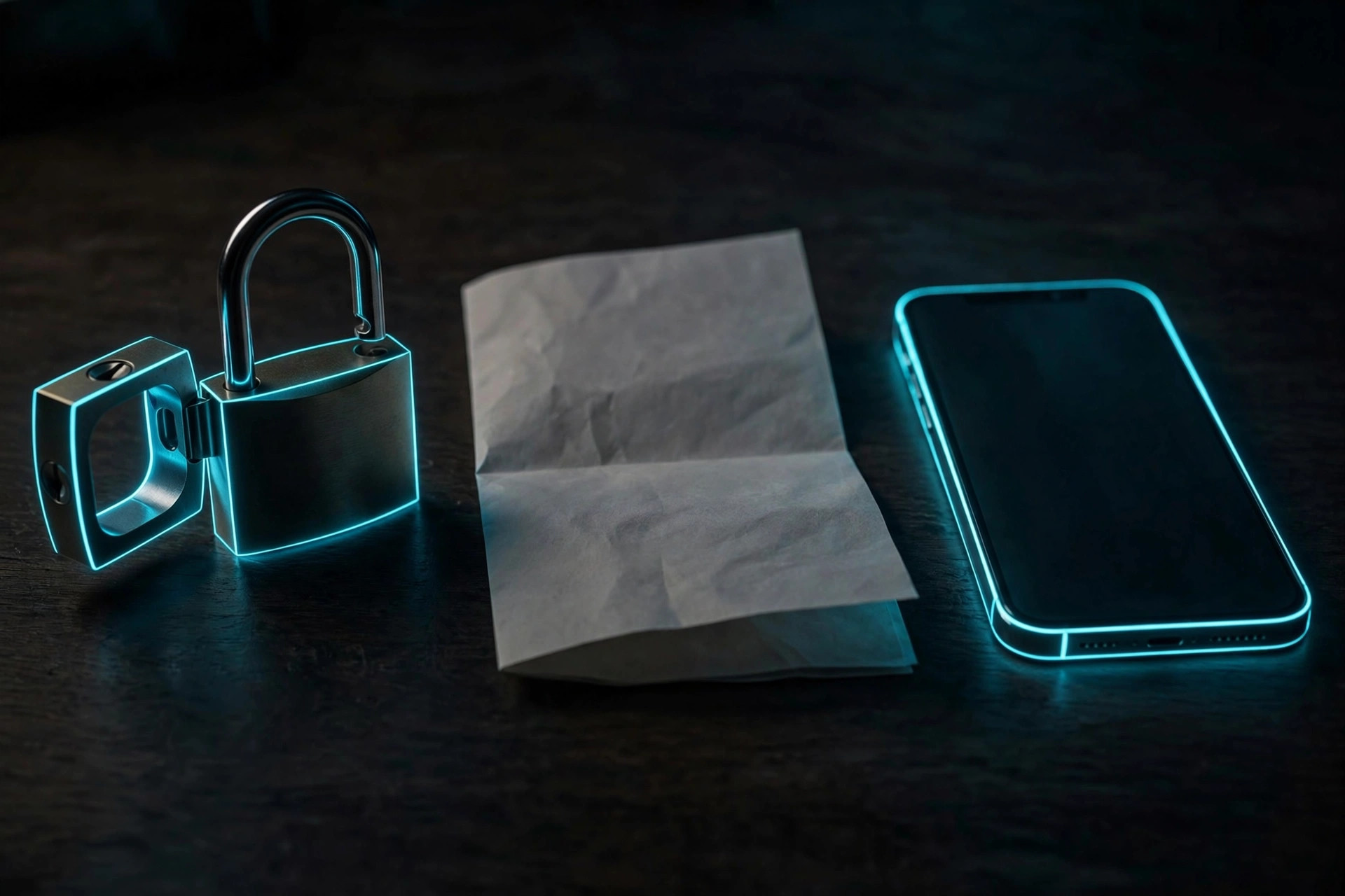 Dark-tech illustration of a phone with contract document and unlocked padlock symbols in cyan neon