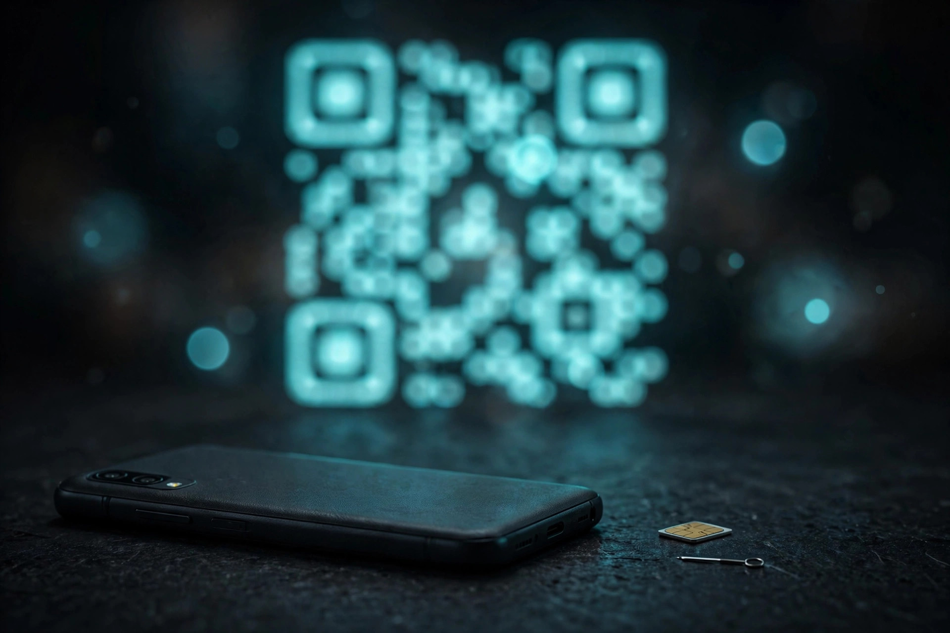 Smartphone beside a physical SIM card and ejector pin with a blurred glowing QR pattern behind