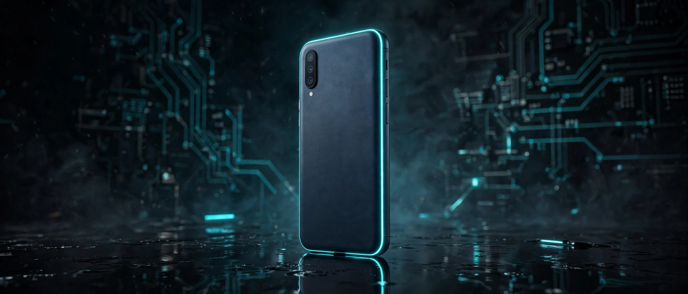 Sleek dark-tech illustration of an affordable smartphone glowing with cyan neon accents