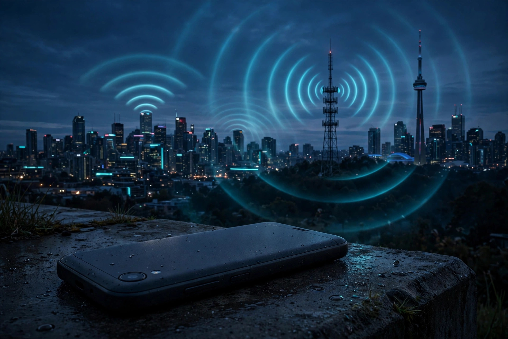 Smartphone on a stone ledge overlooking a city skyline and cell tower with glowing signal arcs