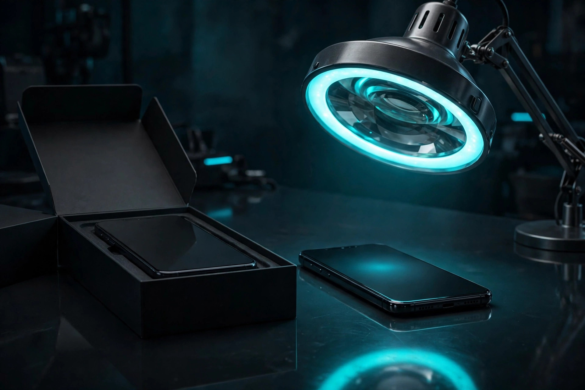 Dark-tech illustration of a refurbished phone beside a new phone box with cyan lighting