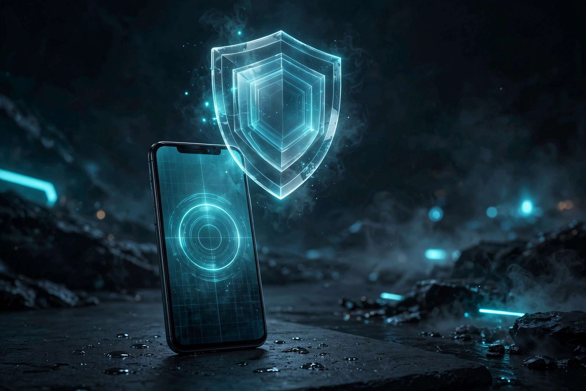 Dark-tech illustration of a smartphone with a glowing cyan shield emblem above it
