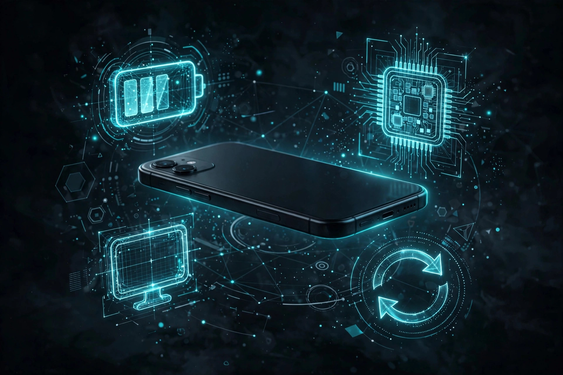 Dark-tech illustration of a smartphone with checklist icons for battery, storage, and updates